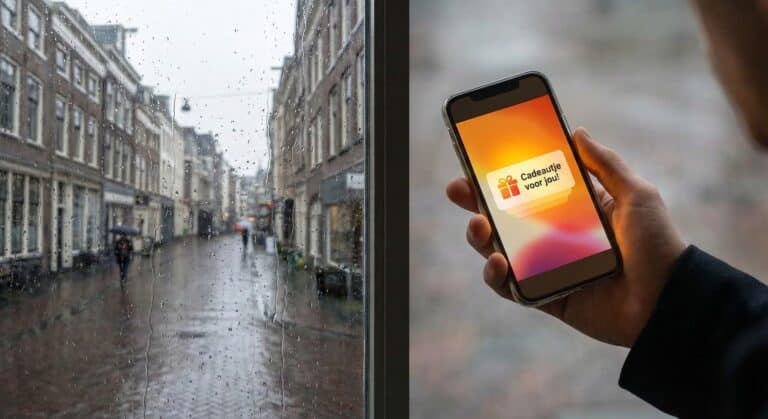 Blue Monday marketing: Cadeautje op telefoon, uitzicht op regenachtige straat. Boost je mailcampagne!