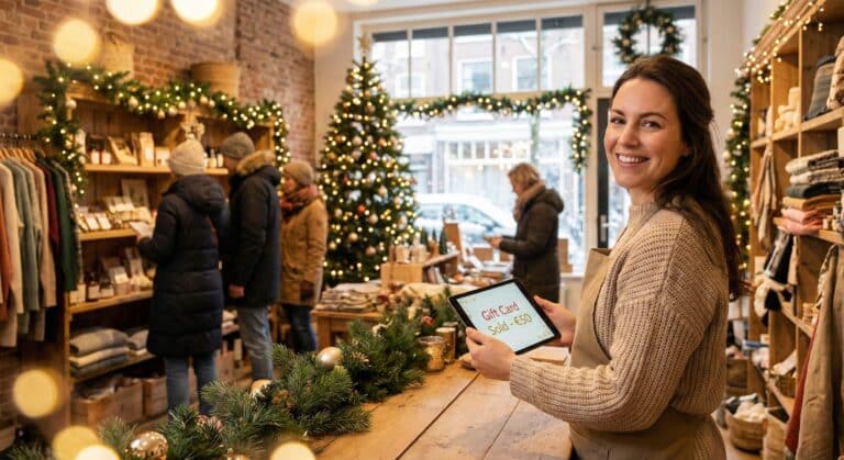 Verkoop cadeaukaarten in december boost de cashflow. Vriendelijke winkelierster met tablet in kerstversierde winkel.