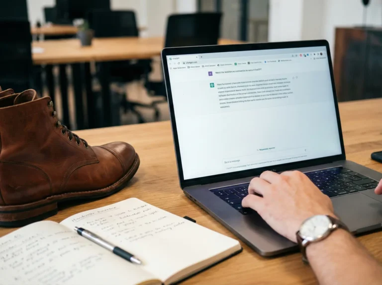 ChatGPT voor productteksten: Laptop, notitieboek en schoen op bureau. Is AI een vloek of zegen?