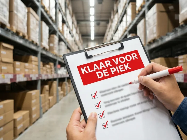 Magazijn checklist 'Klaar voor de Piek' met vinkjes voor orderverwerking.