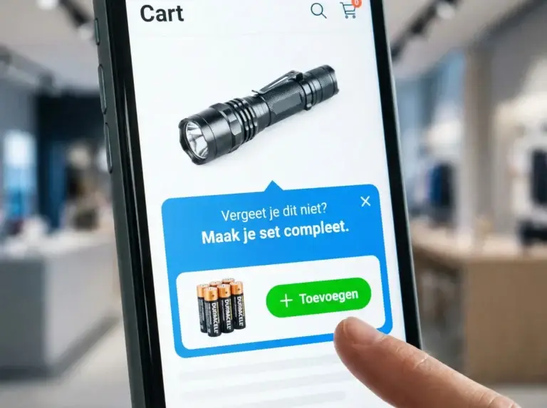 Cross-selling: Zaklamp met batterijen toevoegen aan winkelwagen op smartphone. Hand klikt op 'Toevoegen'.