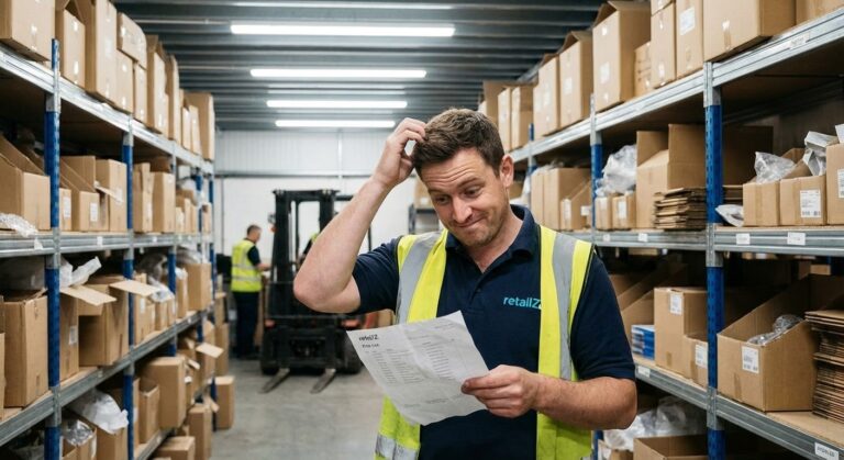 Verwarde magazijnmedewerker met lijst. Optimaliseer je 404 pagina voor meer verkoop!