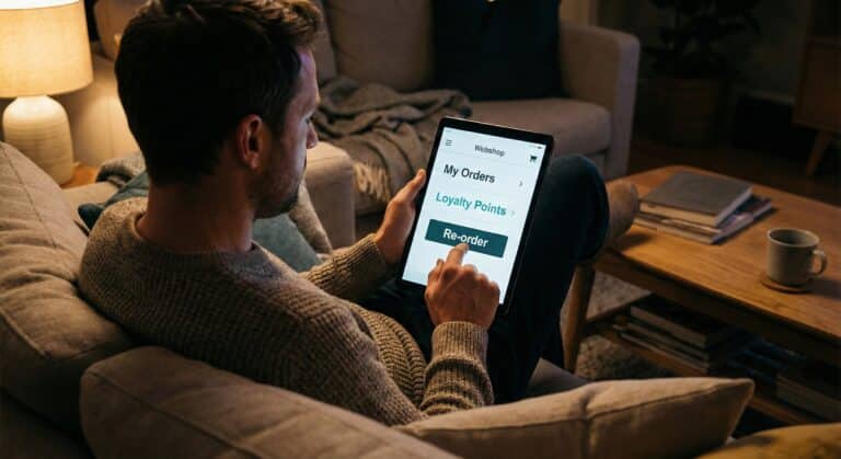 Man bekijkt 'Mijn Account' op tablet. Gemakkelijk herbestellen en loyaliteitspunten checken.
