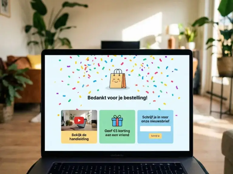Bedankt pagina op laptop. Winkelmandje, confetti, 'Bedankt voor je bestelling!'. Optimaliseer uw marketingmoment!