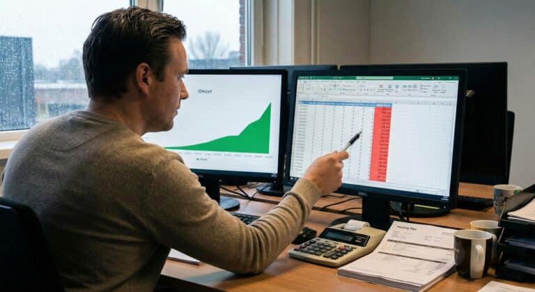 Q4 data analyse: Man bekijkt grafiek en spreadsheet voor kerst evaluatie.