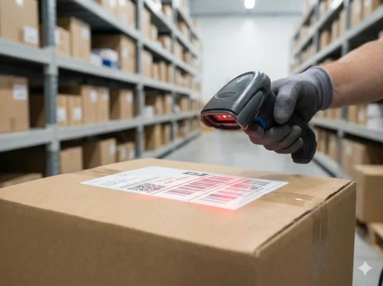 Retourproces optimaliseren: Scanner leest barcode op pakket in magazijn. Grip op retouren!