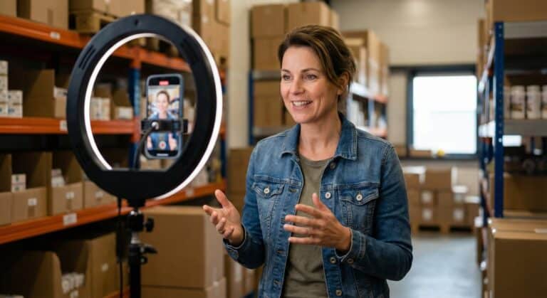 Vrouw maakt video over 'Over ons' met ringlamp en smartphone in een magazijn. Video is de toekomst!