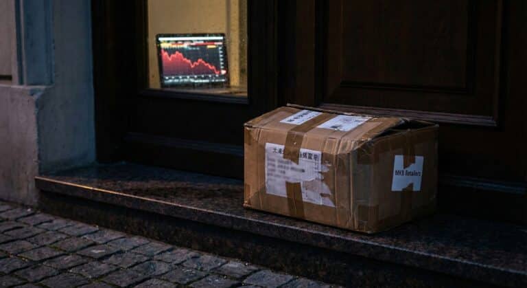 Dropshipping pakket voor deur, beeldscherm met rode dalende grafiek. Snel rijk, snel failliet?