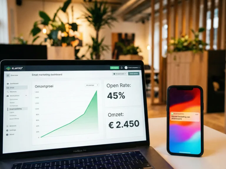 Laptop met e-mailmarketing dashboard en telefoon. Focus: klanten terug laten komen.