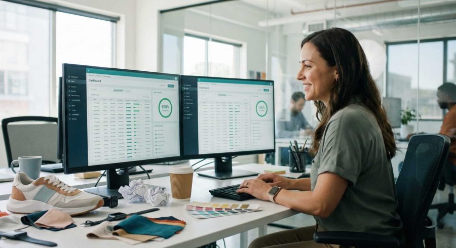 Vrouw gebruikt PIM systeem op twee schermen. Productdata beheer via PIM, niet Excel.