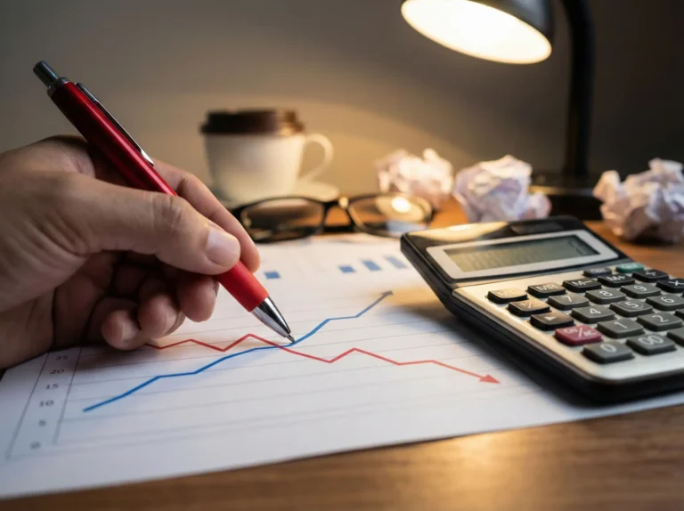 Analyse van grafiek met rode pen, calculator. Zakelijke analyse.