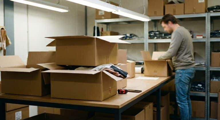 Retourlogistiek: medewerker verwerkt dozen met retourzendingen. Keer verlies om in winst met efficiënt beheer.