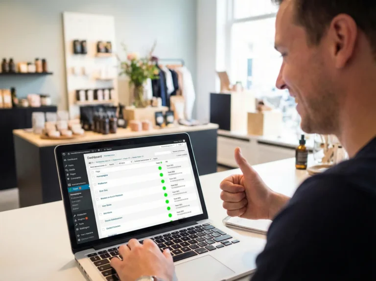 Man toont duim omhoog bij SEO check op laptop. Hoger in Google voor retailers!