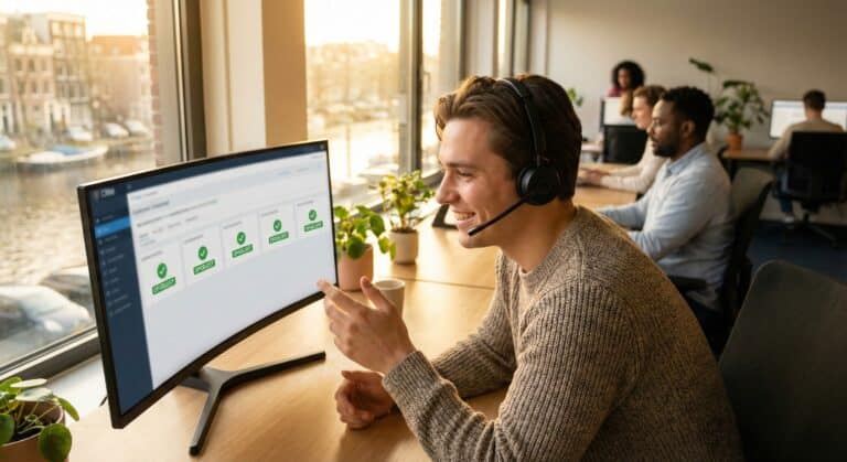 Klantenservice medewerker met headset achter bureau. Klantenservice als goudmijn concept.
