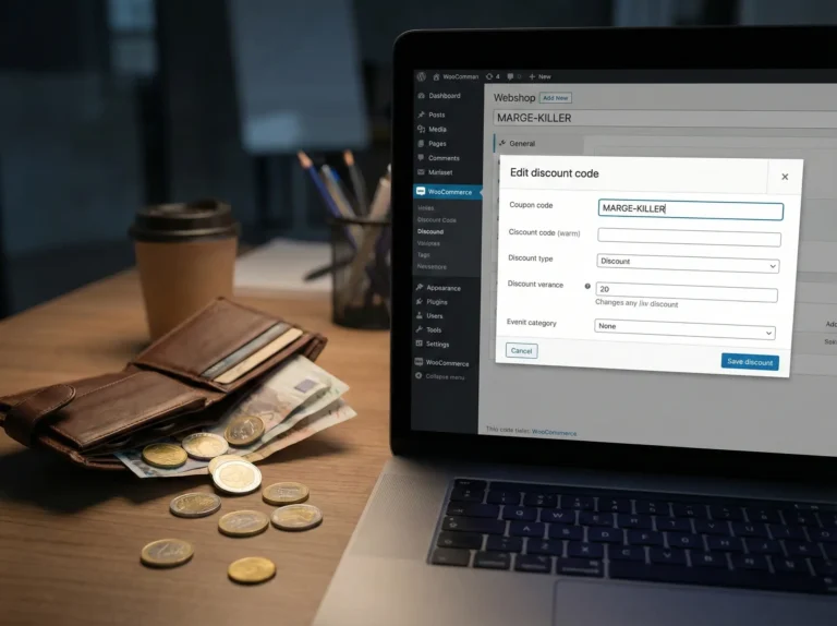WooCommerce kortingscode 'MARGE-KILLER' op laptop, met portemonnee en geld. Bespaar op je webshop!