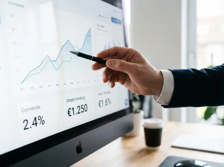 Data analyse: Hand wijst naar grafiek met omzet en conversie op een monitor. Meten is weten voor shop optimalisatie.