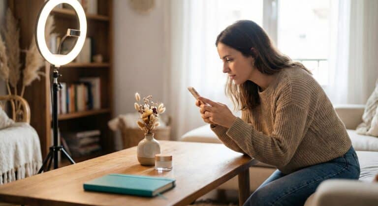 Micro-influencer content creatie. Vrouw met telefoon, ringlamp, en styling.  Meer volgers is niet altijd beter!