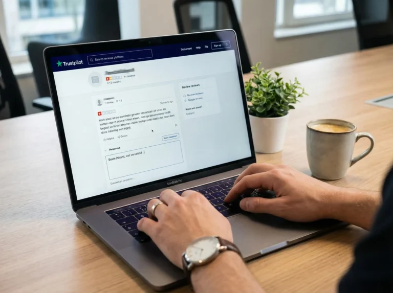 Negatieve review beantwoorden. Laptop met Trustpilot voor online reclame. Klantenservice reageert.