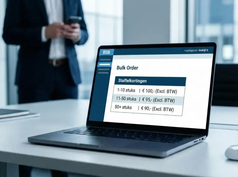 B2B portal webshop op laptop. Staffelkortingen voor bulk orders weergegeven.