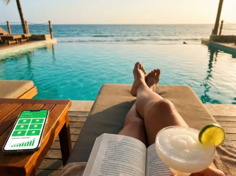 Webshop managen op vakantie? Vrouw ontspant bij zwembad met telefoon voor webshop beheer.