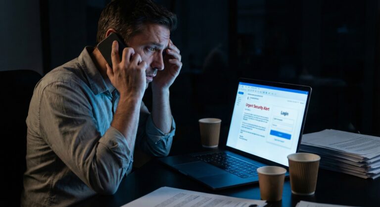 Bezorgde webwinkelier aan de telefoon, phishing alert op laptop. Trap niet in de val!