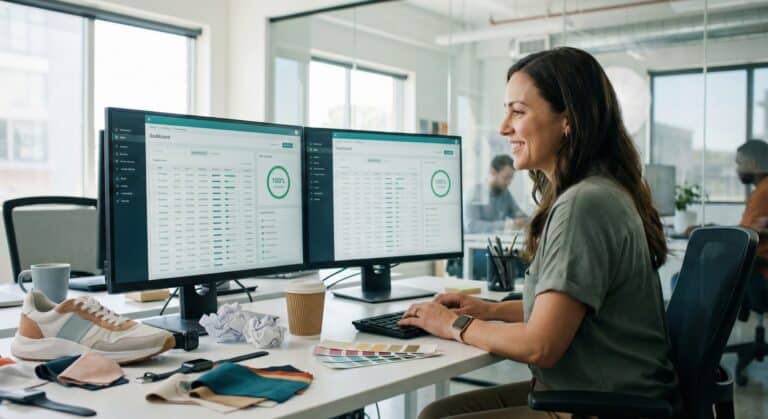 Vrouw gebruikt PIM systeem op twee schermen. Productdata beheer via PIM, niet Excel.