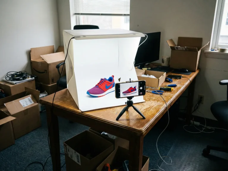 Productfoto van een sneaker in een fotostudio, genomen met een smartphone. Zelf productfoto's maken.