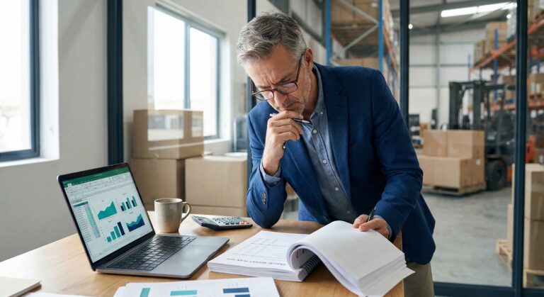 IT-budget 2026 plannen: Man analyseert grafieken op laptop en documenten voor toekomstige IT-investeringen.