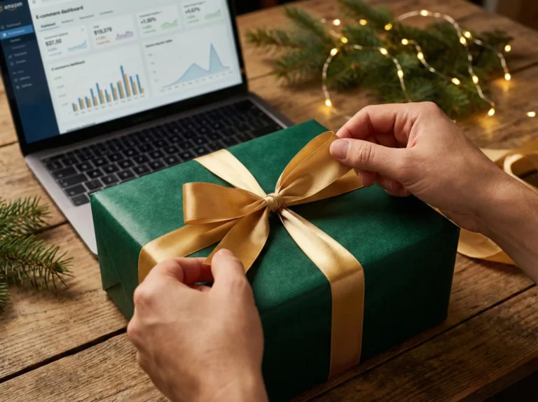 Cadeauservice: Groen cadeau met gouden lint, laptop met dashboard. Extra marge in december!