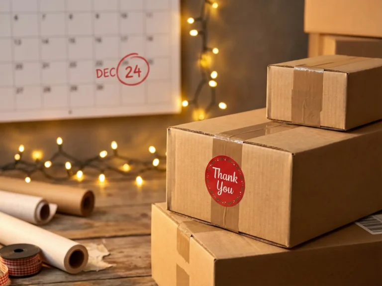 Feestdagen verzending: Pakketten met 'Thank You' sticker, kalender op 24 dec. Klaar voor verzending!