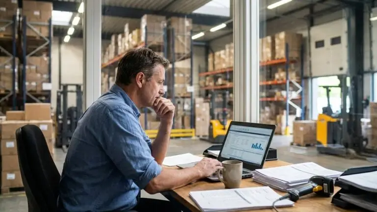 E-commerce analyse 2025: Man analyseert data op laptop in magazijn. Optimalisatie en inzichten.