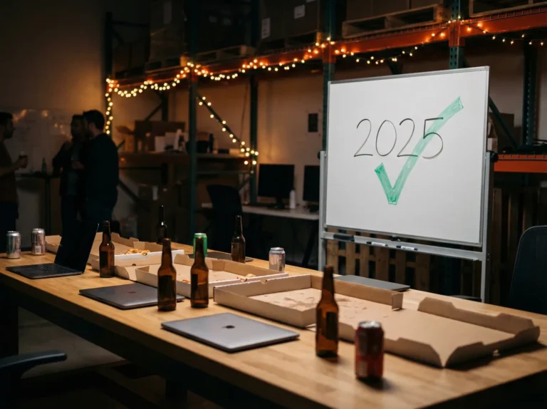 E-commerce trends 2025 planning. Whiteboard met laptops, pizza, en drank. Toekomst van online winkelen.