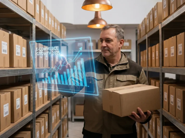 Retailjaar 2025: Man analyseert e-commerce groei grafiek in magazijn met dozen. Focus op retail trends en logistiek.
