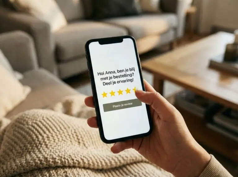Klant schrijft review op mobiel. Moeite met reviews? Tips om klanten te motiveren!