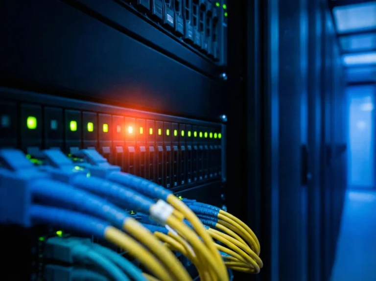 Dataserver met blauwe en gele kabels. Serverruimte met knipperende lampjes.