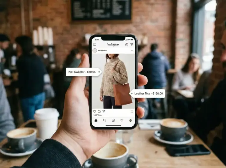 Social commerce: Instagram post met trui en tas, direct te kopen. Hand houdt telefoon vast.