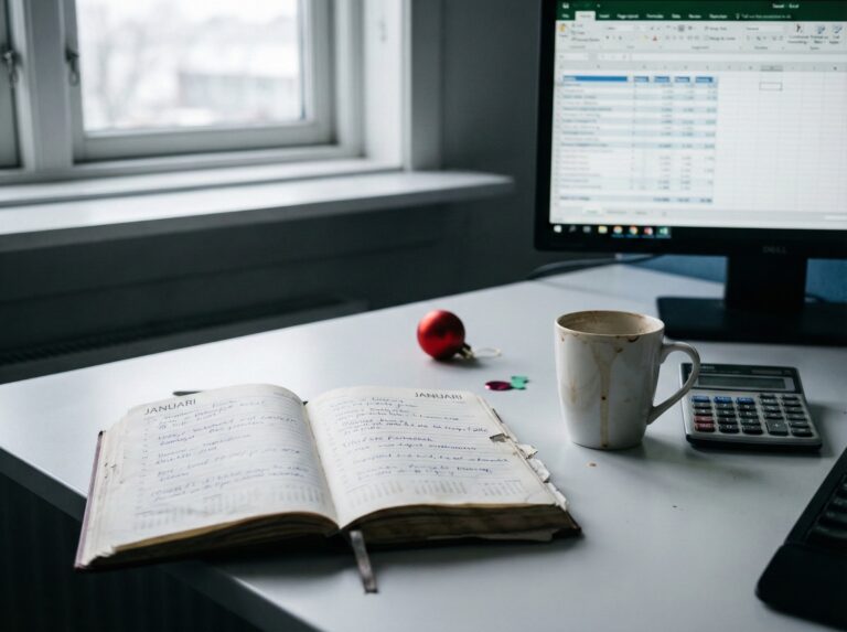 Notities en planning voor 2026: systemen werken beter dan goede voornemens. Werkplek met agenda, kop en computer.