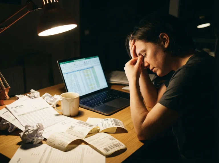 Gestresste vrouw achter laptop met orderverwerking. Stop copy-pasten!