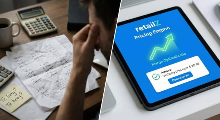 Stop gokken! Gebruik een prijsstrategie. Man gestrest met rekeningen, tegenover tablet met prijsadvies. Optimaliseer je marge!