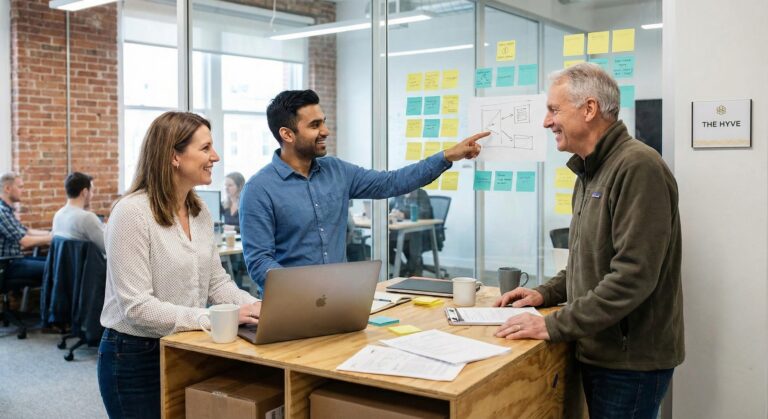 Teamoverleg e-commerce: Medewerkers bespreken strategieën op kantoor met post-its. Samenwerking voor succes!