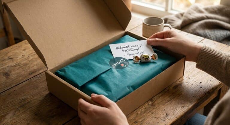 Unboxing ervaring: Pakket met bedankkaartje en snoepjes. Maak van het uitpakken een feestje!