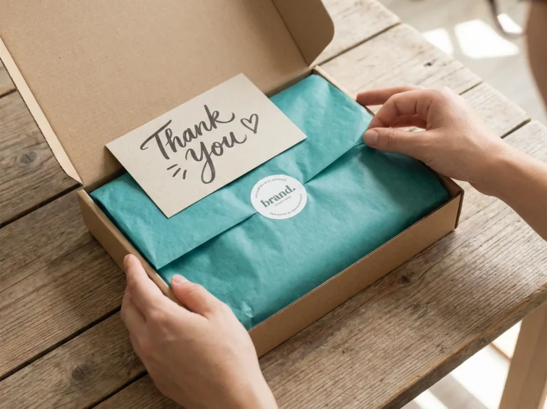 Uitpakken van een doos met product, bedankt kaart en sticker met merklogo. Verzending.