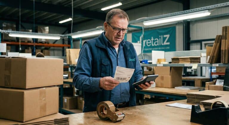 Man controleert verzendkosten op factuur in magazijn. Gratis drempel info 2025.