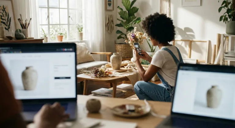 Vrouw fotografeert vaas voor webshop. Doodt leveranciersfoto conversie? Check onze tips!