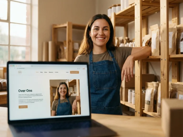 Vriendelijke onderneemster presenteert haar 'Over Ons' pagina op laptop in haar winkel.