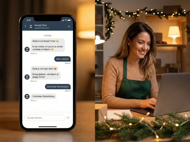 retailZ chat op telefoon naast vrouw met laptop. Optimaliseer klantenservice met automatisering.