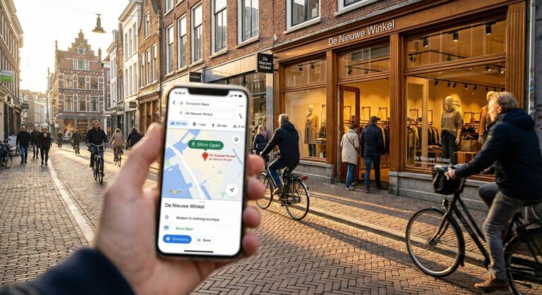 De Nieuwe Winkel locatie: fietsers en telefoon met winkelroute in Utrecht.